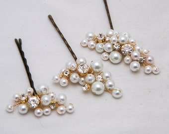 Pearl and Rhinestone Wedding Hair Bobbie Pin Set, Beaded Hair Pins