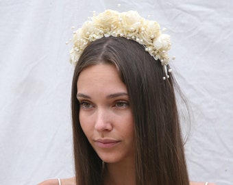 Large Flower Crown in Ivory, Wedding Headpiece, Floral Headband, Corona de Flores Costume Mexico Frida Kahlo Halo