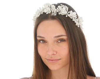 Vintage Pearlized Wax Wedding Crown White Tiara with Flowers