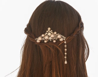 Wedding Hair Comb with Vintage Champagne Pearls and Vintage Rhinestone Jewelry