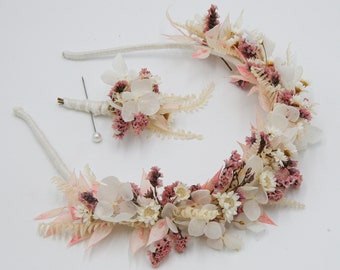Dried Flower Crown Headband Wedding Headpiece with Matching boutonnière in Pinks Lavender and Ivory