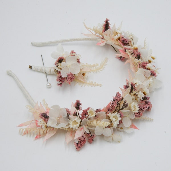 Dried Flower Crown Headband Wedding Headpiece with Matching boutonnière in Pinks Lavender and Ivory