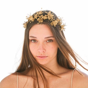 Gold Floral Wedding Hair Vine of Flowers and Beads, Rustic Woodland Wedding Hair Halo Flower Crown Boho Wedding Bridal Hair Wreath