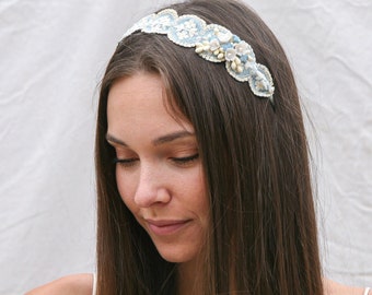 Blue and White Lace Headband with Flowers, Bridesmaids Hair Accessory