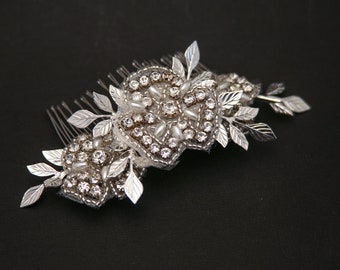Rhinestone Flowers and Silver Metal Leaves Hair Comb, Wedding Accessory, bridesmaids Hair Clip