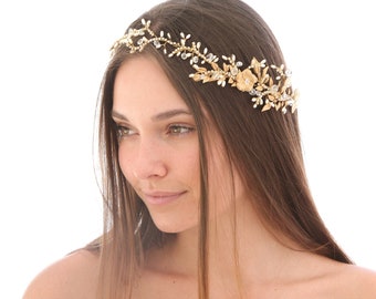 Gold Wedding Headpiece of Brass leaves, Pearls Rhinestones and Crystals , Wired Beaded Hair Vine