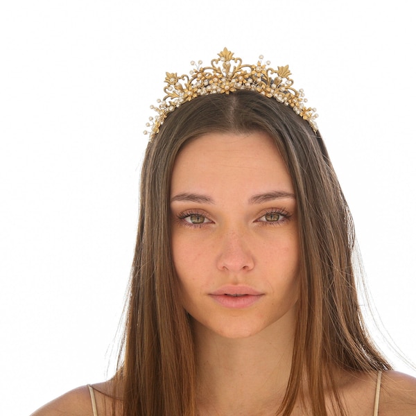 Gold metal Fleur de Lis Gold Crown with Metal Flowers and Pearls Tall Boho Wedding Crown, Bridal Headband Headpiece
