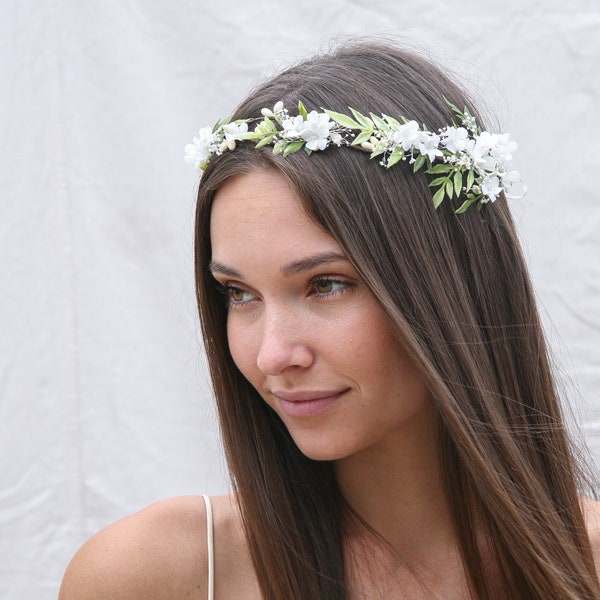 Rustic Flower Crown of  Flowers and Greenery Woodland Wedding Hair Halo Flower Crown Boho Wedding Babies Breath Bridal Hair Wreath