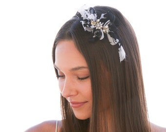 The Messy Bow Headband in Vintage Black and White fabric with Rhinestone and Pearls