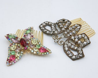 Vintage Butterfly Broach Hair Combs, Wedding Headpiece Rhinestone Butterflies