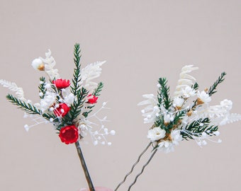 Dried Flower Hair Pin Sets With Dried Straw Flowers, Dried Fern and Greenery, In Red and Ivory Holiday Hair Pins