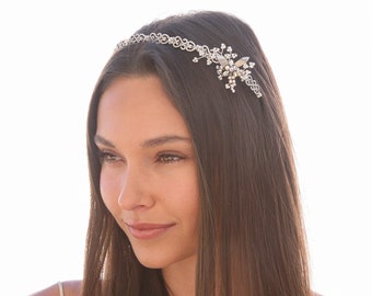 Wedding Headband of Rhinestones and Pearls in Silver, Bridal Tiara