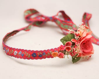 Boho Flower Crown of Red Floral Vintage Ribbon and Vintage Flowers Ribbon Tie Wreath, Red Flower Head Wrap Vintage Headpiece