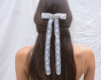 Wedding Hair Bow of Lace Ribbon with Rhinestone Center and long Tails Bridal Veil Alternative boho Wedding headpiece