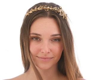 Gold and Pearl Vintage Bead Headband for Weddings, Bridal Headpiece