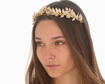 Gold and Ivory Enameled Laurel Leaf Tiara with Ivory Clay Flowers Boho Bridal Wedding Headpiece Greek Goddess Leaf Crown