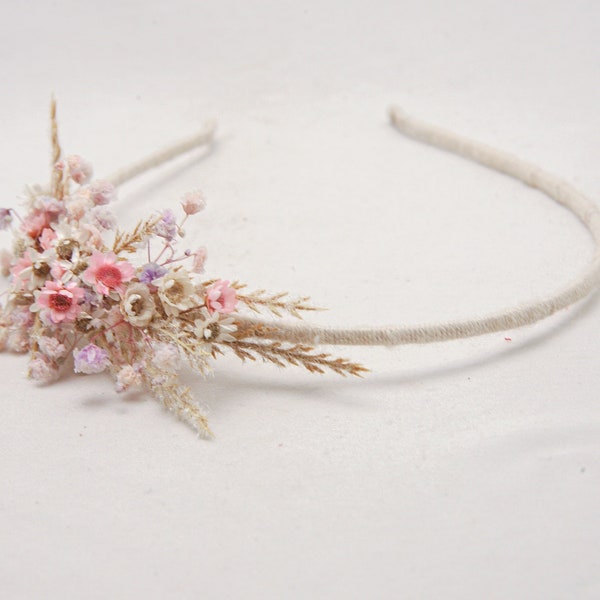 Dried Flower Headband in Pink and Ivory, with Babies Breath, Flower Girl Wedding Headpiece