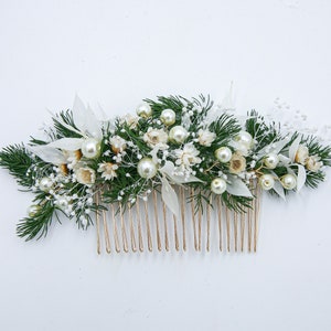Wedding Flower Hair Comb of Preserved Greenery, Dried Flowers and Dried Leaves with Wired Pearls in Green and Ivory image 1