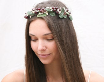 Greenery Flower Crown with Wine Berries and Dried Flowers, Winter Wedding, Christmas Headpiece