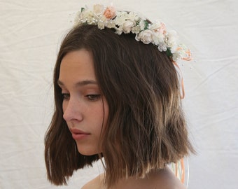 Vintage Flower Crown Flower Girl Halo in Peach and Ivory Vintage Wedding Headpiece Childs Hair Wreath