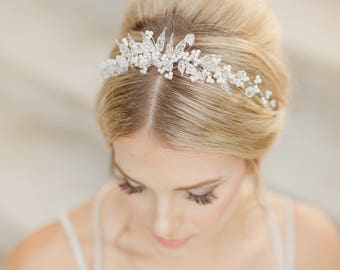 Crystal Wedding Tiara with Pearls Vintage Glass Crystal Beads and Pearl Bridal Crown Beaded Wedding Headpiece, Crystal Tiara