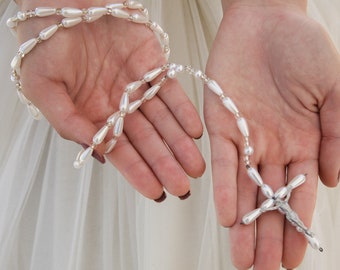 Vintage White Pearl Rosary, First Communion Rosary Girls Beaded Prayer Beads Confirmation Catholic Gift