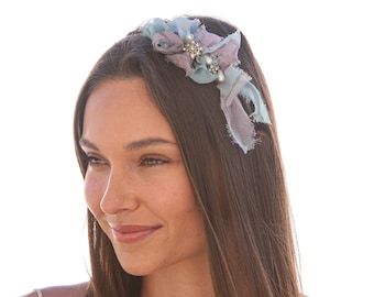 The Messy Bow Headband in Pastel Blue and Lavender with Rhinestone and Pearls