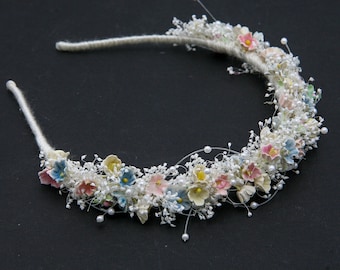 Dried Babies Breath and Vintage Flower Headband in Pink, Blue and Yellow, Wedding Flower Crown