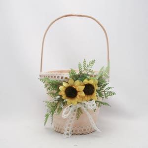 Flower Girl Basket with Sunflowers, Fern and Vintage Lace, Floral Basket for a Flower Girl Rustic Wedding Accessories, Easter Baskets image 2