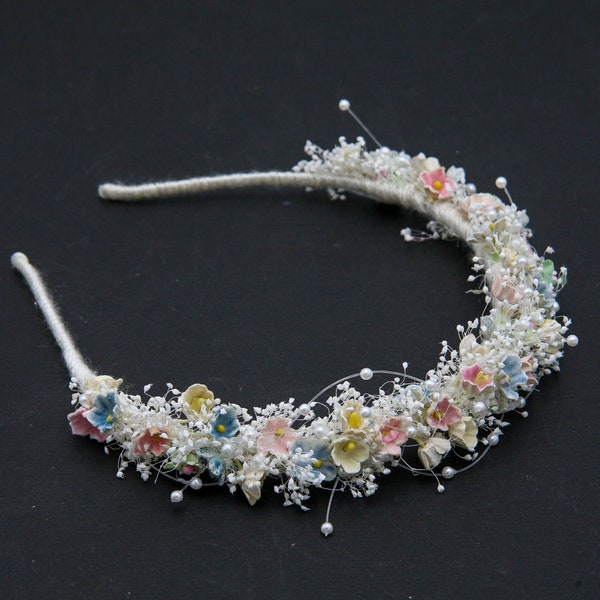 Dried Babies Breath and Vintage Flower Headband in Pink, Blue and Yellow, Wedding Flower Crown