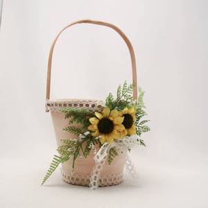 Flower Girl Basket with Sunflowers, Fern and Vintage Lace, Floral Basket for a Flower Girl Rustic Wedding Accessories, Easter Baskets image 3