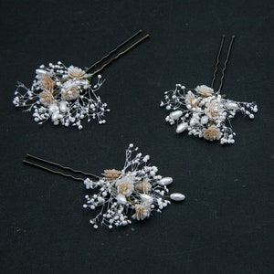 Dried Babies Breath and Champagne Flower Wedding Hair Pins Set with Pearls image 5