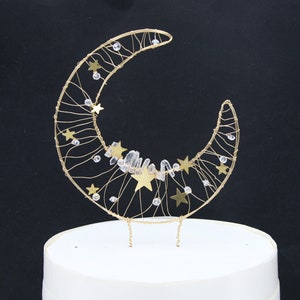 Moon and Stars Gold Metal Cake Toper with Crystals, Golden Celestial Moon Wedding Decor