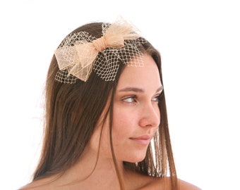 Bow Headband with Netting in Pale peach, Wedding Headpiece