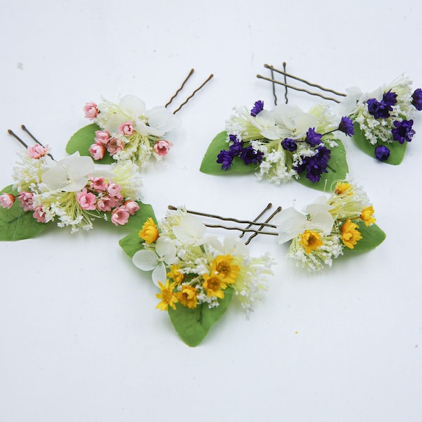 Dried Flower Hair Pin Sets In Yellow, Pink or Blue with Dried Hydrangea Flowers, Wedding Hair Accessories