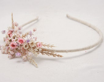 Dried Flower Headband in Pink and Ivory, with Babies Breath, Flower Girl Wedding Headpiece