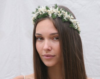 Flower Crown of Dried Greenery, Babies Breath and Flowers in Ivory and Green, Boho Wedding Headpiece