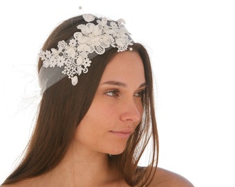 White Lace and Flowers Dress Sash Net Tie Headband Wedding Veil Bohemian Hair Accessory, Boho Weddings, Wedding Veil, Lace Headpiece