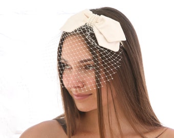 Silk Ivory Bow Headband with a Birdcage Veil, Wedding Headpiece