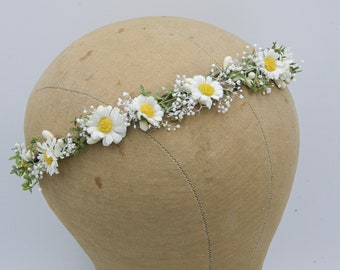 Small Daisy Flower Crown with Babies Breath and Greenery, Boho Wedding Headpiece