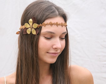 Hippie Bohemian Tie Headband of Camel Suede Trim, brown Leaves and a large metal daisy, Boho Festival Fashion