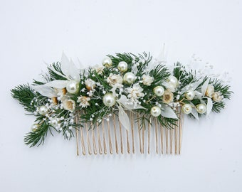 Wedding Flower Hair Comb of Preserved Greenery, Dried Flowers and Dried Leaves with Wired Pearls in Green and Ivory