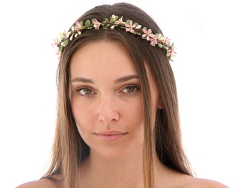Flower Crown In Pink and Green, Wedding Halo, Small Floral Headbands, Bridesmaids Hair Accessory, Flower Girl Headpiece