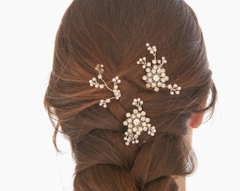 Rhinestone and Pearl Hair Pin Set of Three, Wedding Hair Accessory, Crystal Bobby Pins Art Deco Vintage Hair Pins