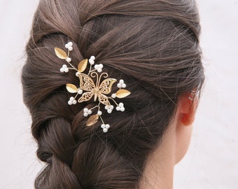 Fermaglio per capelli a farfalla in metallo con foglie d'oro e perle, accessorio per capelli da sposa