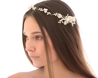 Wedding Hair Vine of Ivory and Pastel Clay Flowers and Fresh Water Pearls  Wedding Headpiece Blush Pink Flower Crown