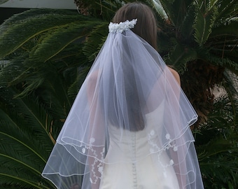 Two Tiered veil with Lace Embellishments and Flower Comb Headpiece in Soft White