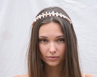 Fresh Water Pearl and Crystal Headband in Blush Pink and Gold, Adult Headbands for Weddings