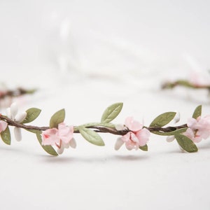 Flower Crown Pink and Green, Wedding Halo, Small Floral Headbands, Bridesmaids Hair Accessory, Flower Girl Headpiece, a small halo of green leaves small pink flowers on a bendable pip berry vine with ribbon ties