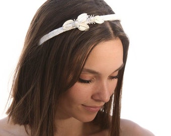 Beaded Headband with Enameled Vintage Metal Leaves and Silver Flowers, Vintage Beaded Headpiece Adult Hair Accessory